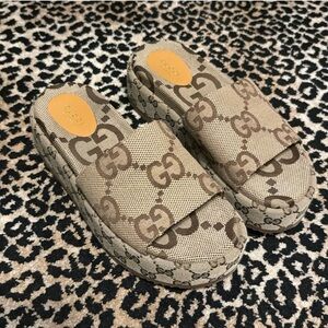 Gucci Beige and Brown GG Pattern Mules